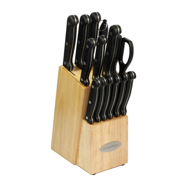 Oceanstar KS1187 Traditional 15-Piece Knife Set with Block, Natural